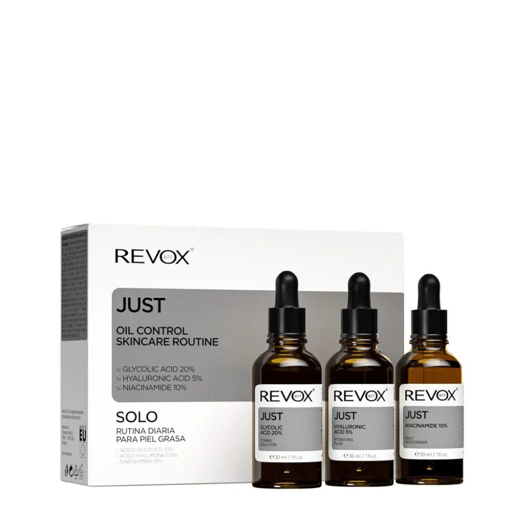Revox Just Oil Control skincare routine 1 glycolic acid 20%/1 hyluronic acid 5%/ 1 niacinamide 10% 30ml
