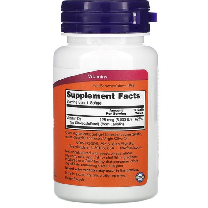 Now foods VITAMINE D3,Haute efficacité ,5000UI,120 capsules à enveloppe molle
