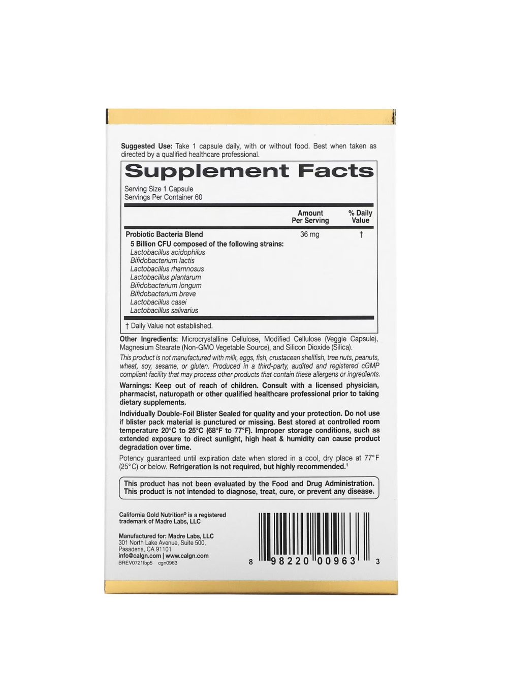 California Gold Nutrition Probiotiques LactoBif® 5 milliards d'UFC, 60 capsules végétales California Gold Nutrition Probiotiques LactoBif® 5 milliards d'UFC, 60 capsules végétales