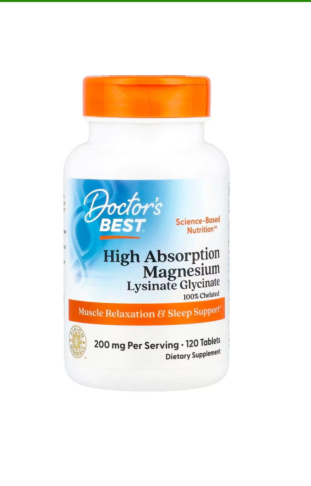 Doctor Best Magnésium à haute absorption de  lysinate glycinate 100 % chélaté 200 mg par portion 120 tablets