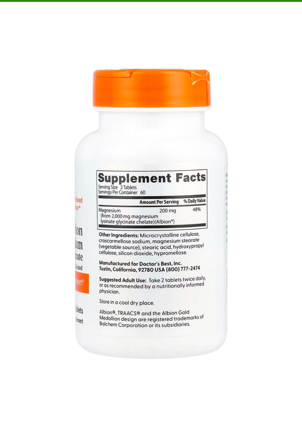 Doctor Best Magnésium à haute absorption de  lysinate glycinate 100 % chélaté 200 mg par portion 120 tablets