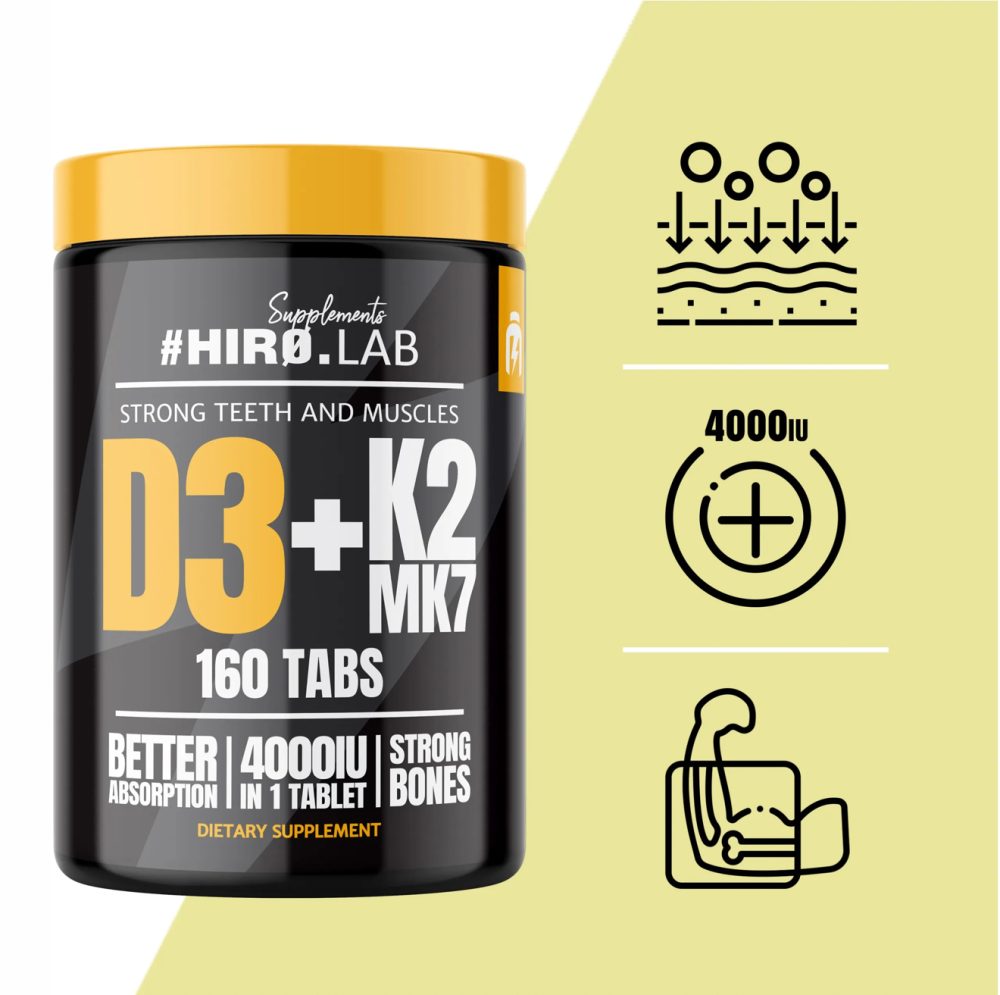 Hiro.lab Vitamine D3 4000 UI + K2 MK7 – 160 comprimés. Hiro.lab Vitamine D3 4000 UI + K2 MK7 – 160 comprimés.