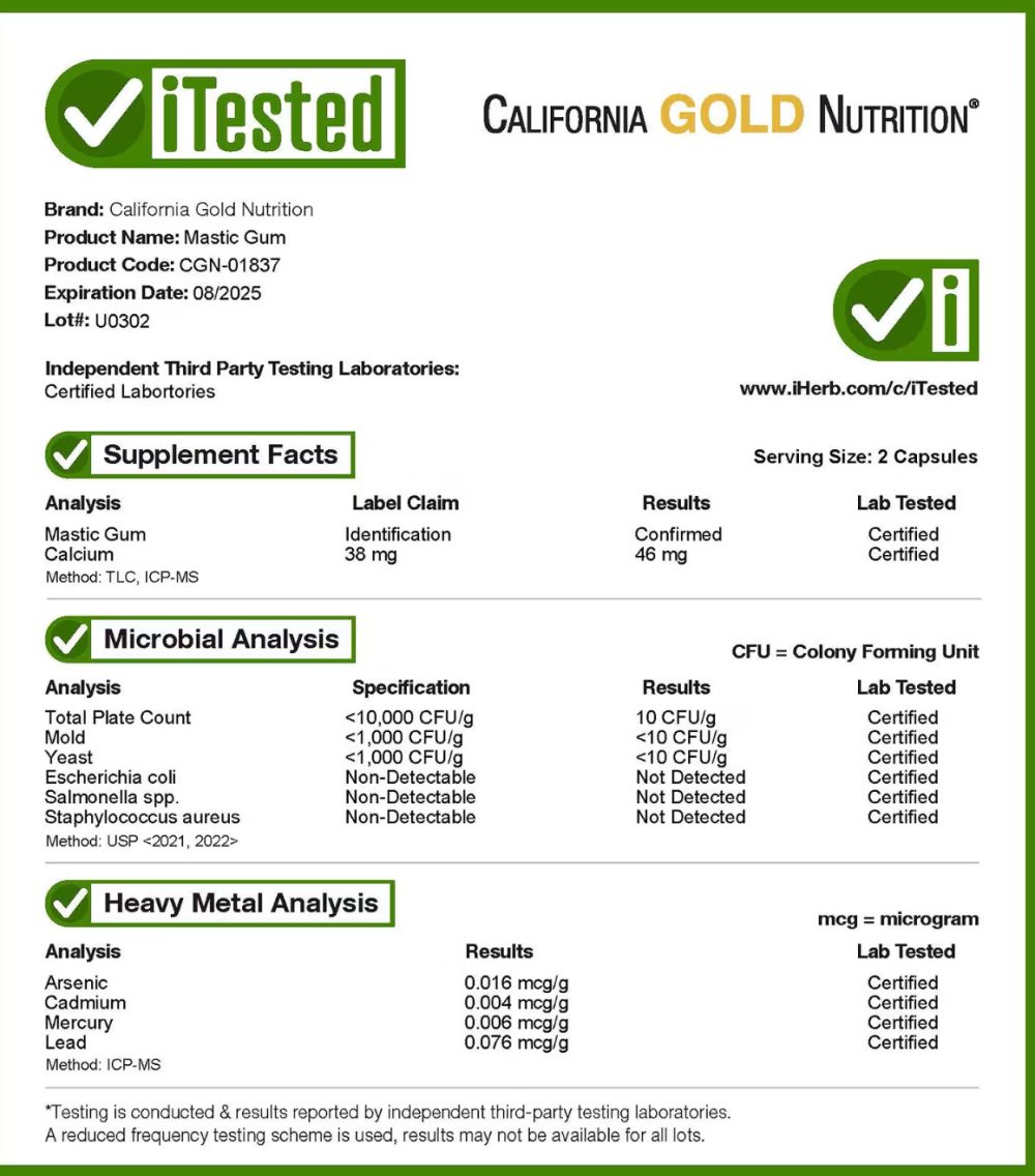 CALIFORNIA GOLD NUTRITION MASTIC GUM 500mg 60capsules