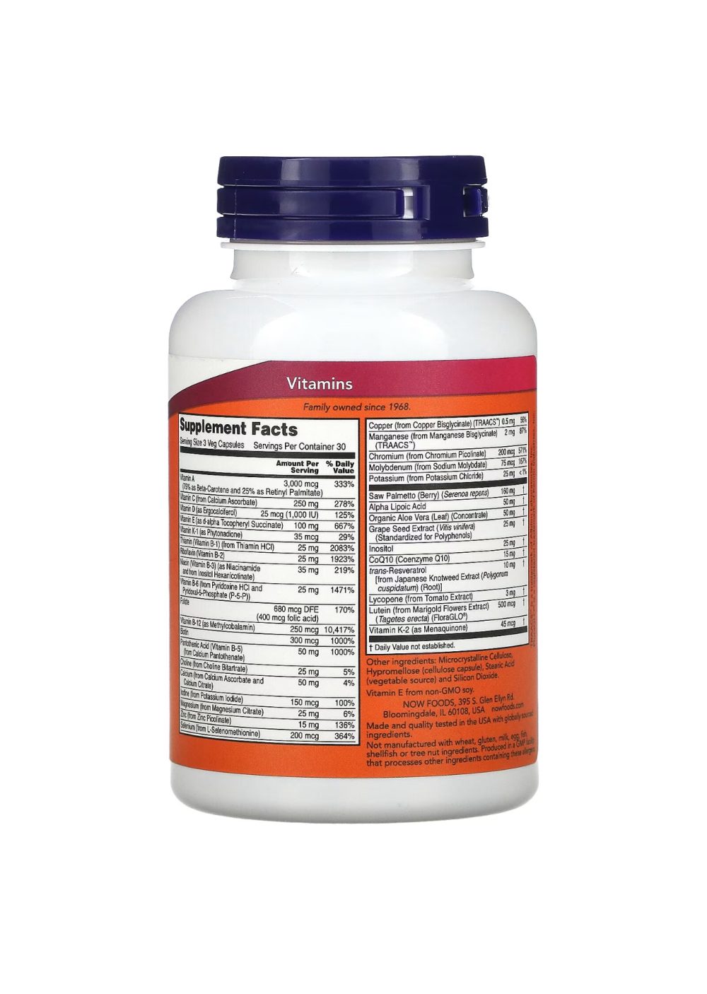 NOW FOODS ADAM complements multivitamine supérieure pour homme 90 capsules végétariennes
