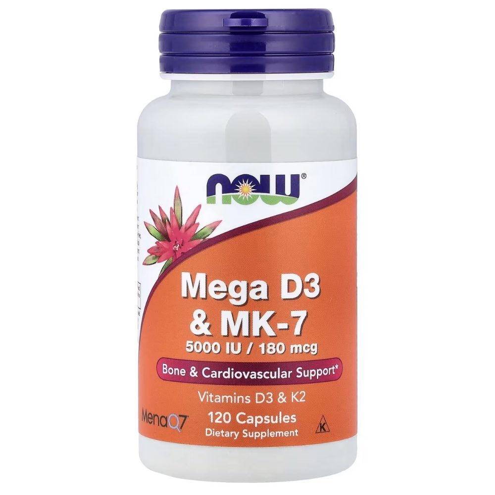 NOW Foods Mega D3  MK-7, 5000 IU 180 mcg 120 capsules